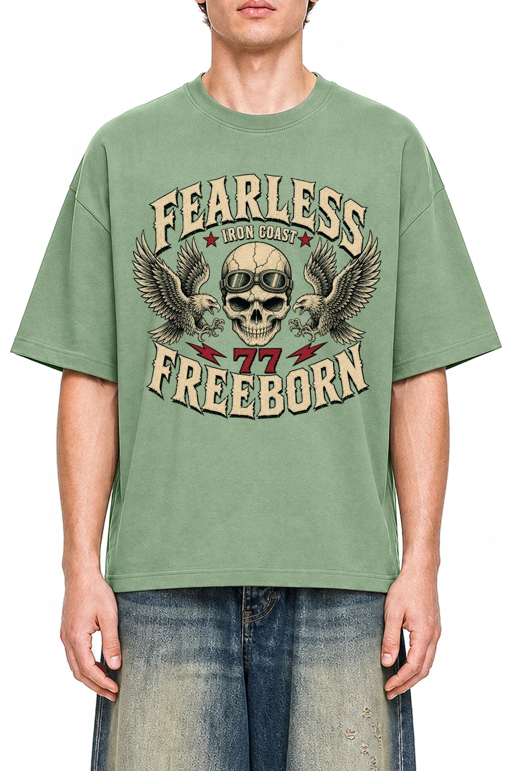Fearless Freeborn Light Green graphic T-shirt on model, front view