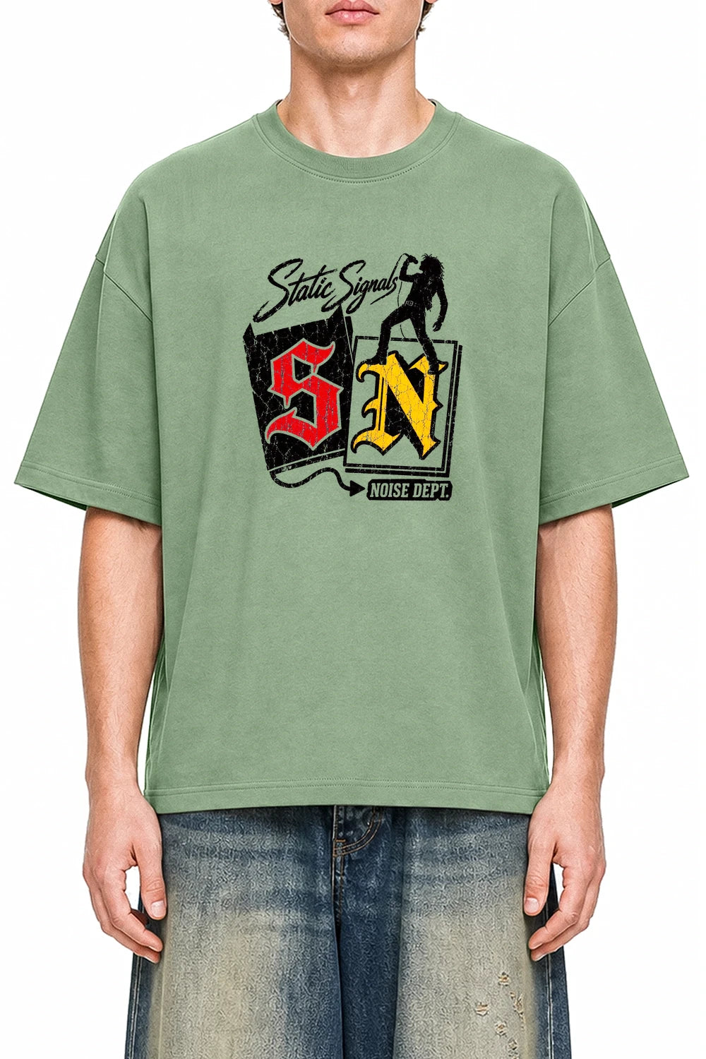 Static Signal Light Green graphic T-shirt on model, front view