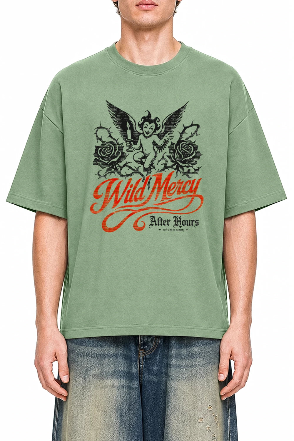 Wild Mercy Light Green graphic T-shirt on model, front view