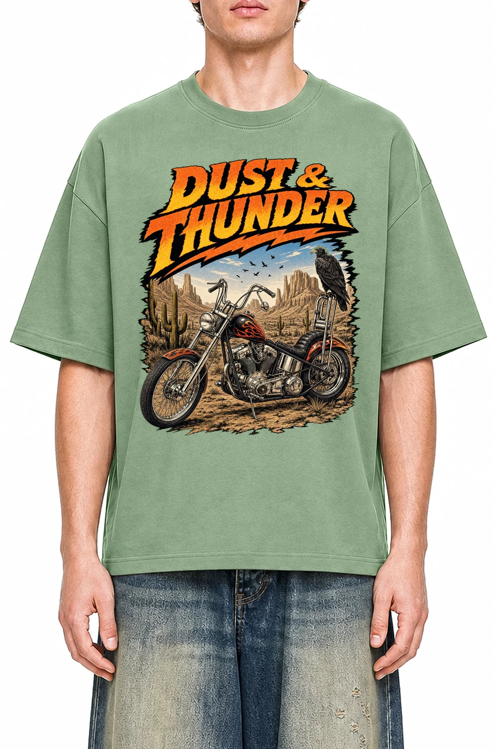 Dust And Thunder Light Green graphic T-shirt on model, front view