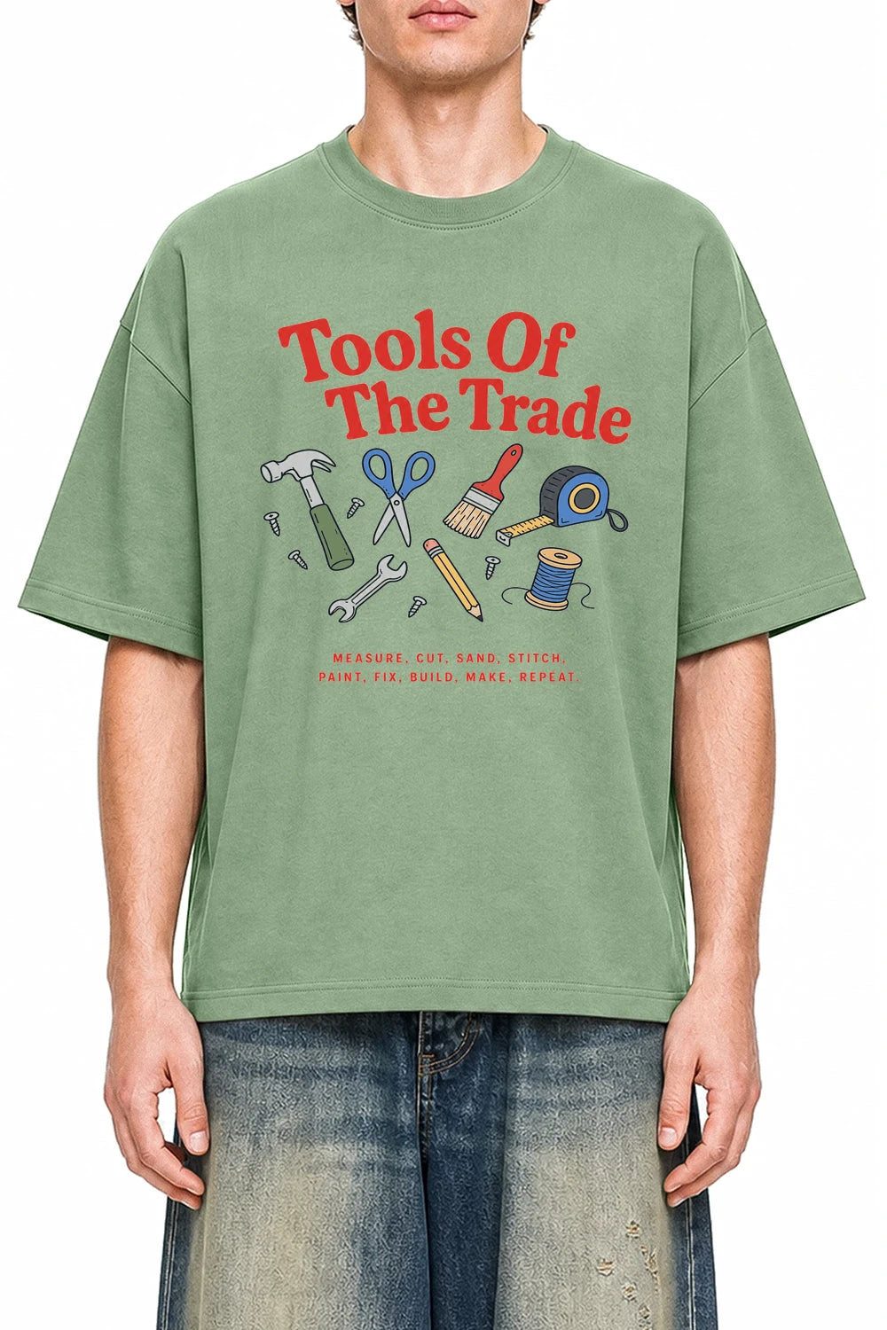Tools Of The Trade Light Green graphic T-shirt on model, front view