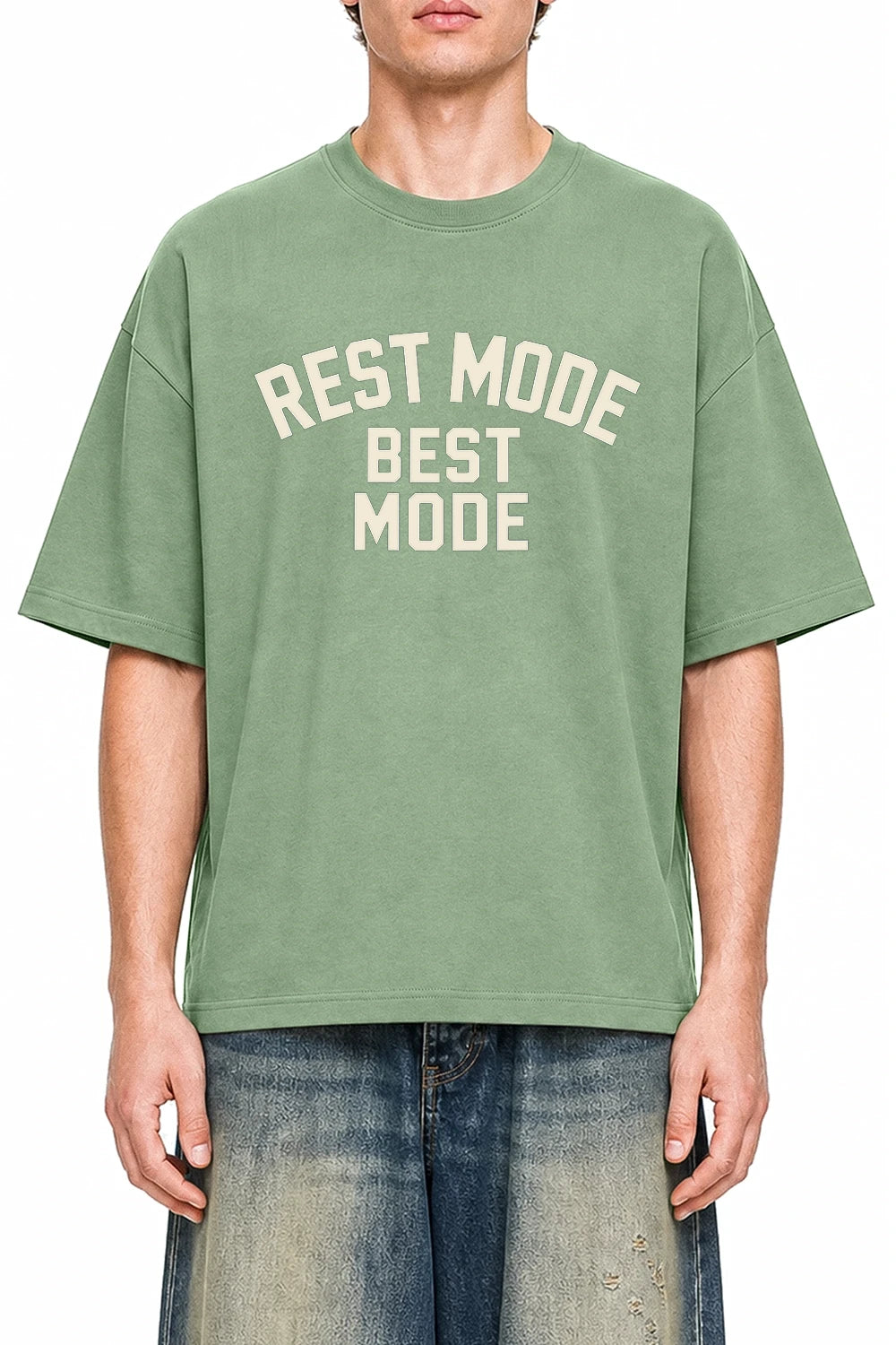 Rest Mode Best Mode Light Green graphic T-shirt on model, front view
