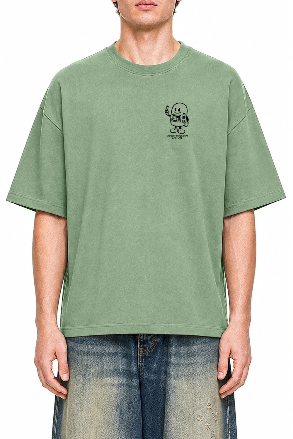 Midnight Snack Dept Light Green graphic T-shirt on model, front view