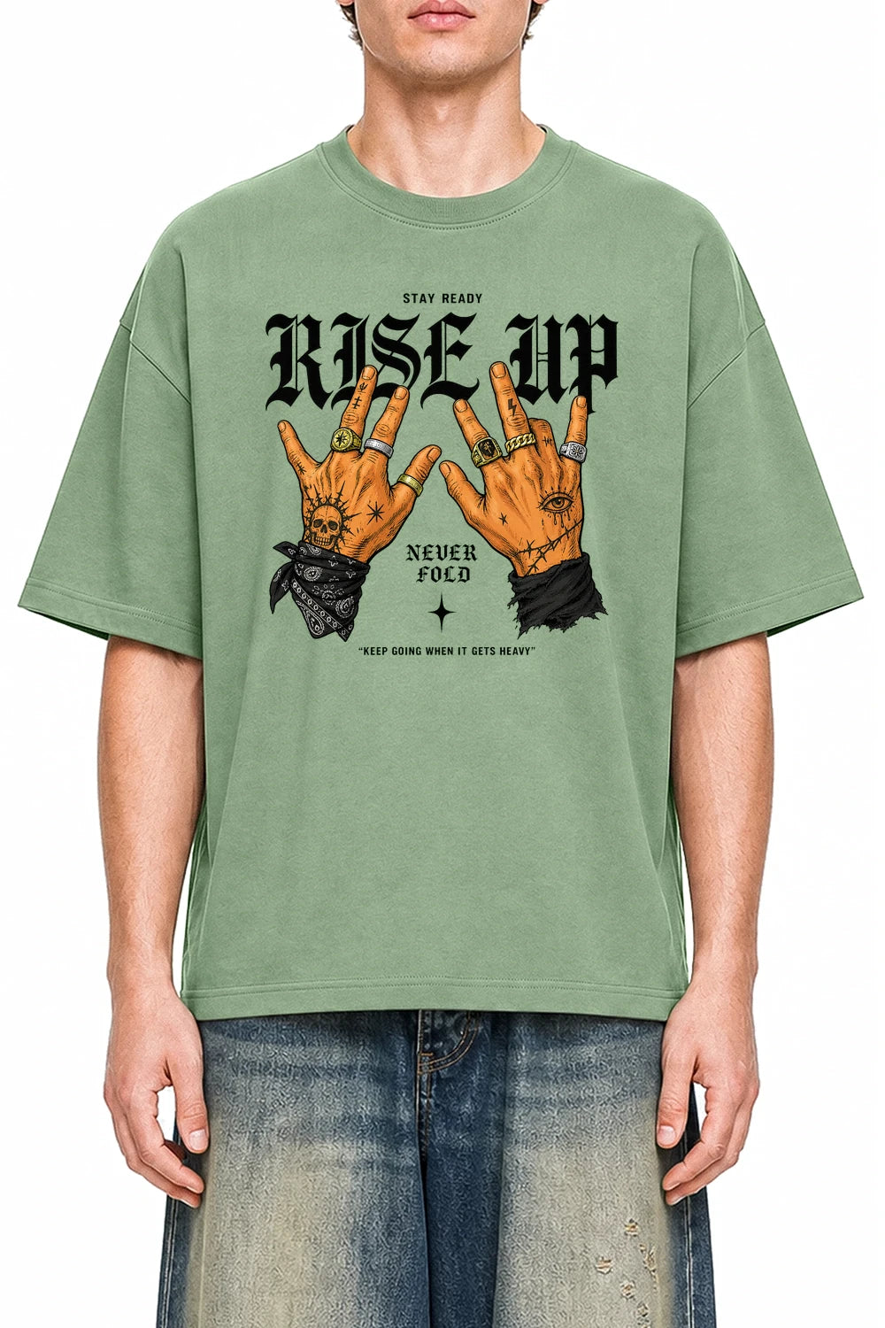 Rise Up Never Fold Light Green graphic T-shirt on model, front view