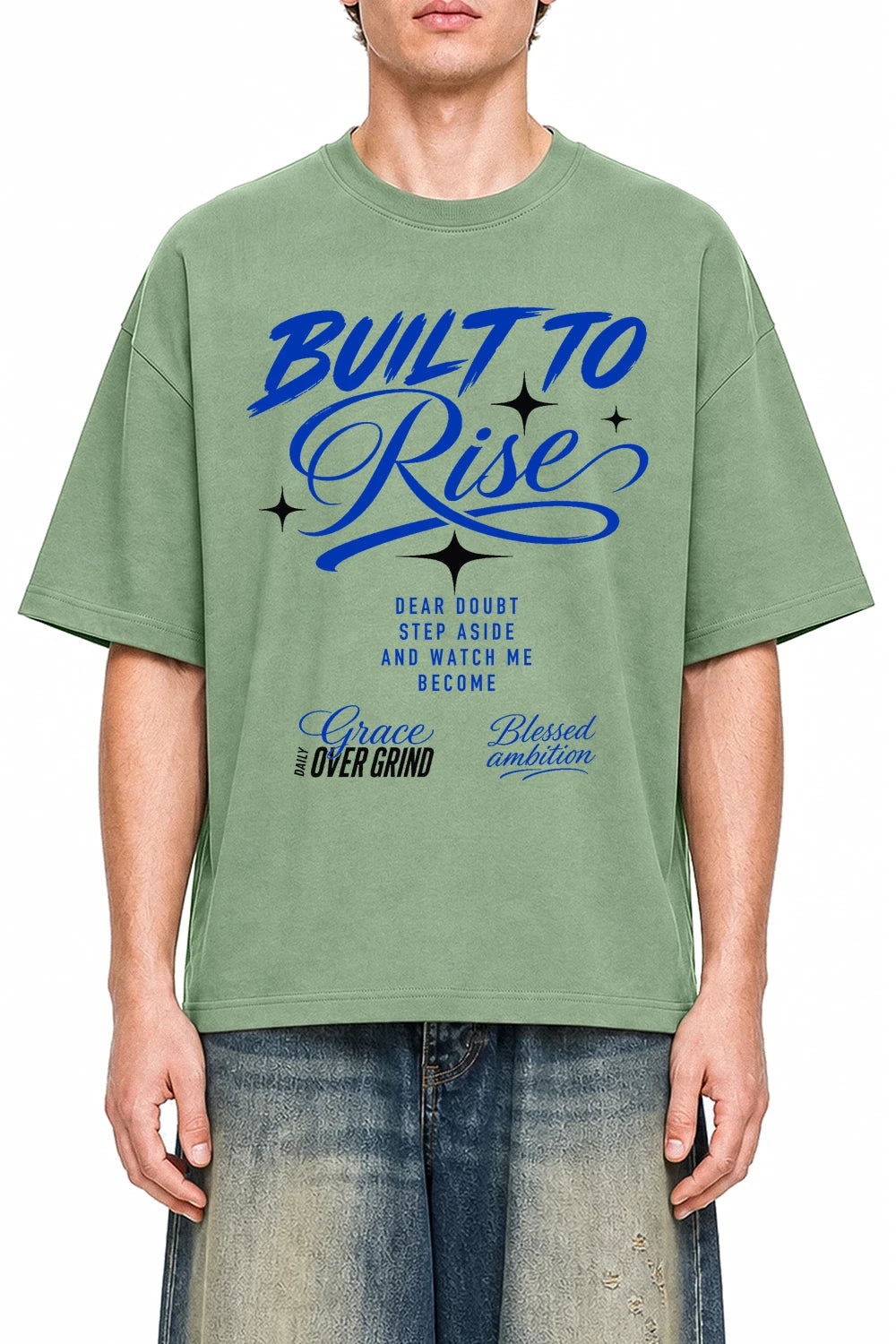 Built To Rise Light Green graphic T-shirt on model, front view