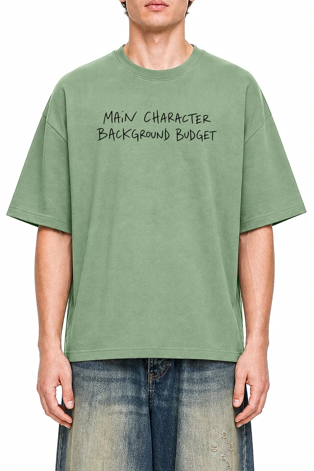 Main Character Background Budget Light Green graphic T-shirt on model, front view