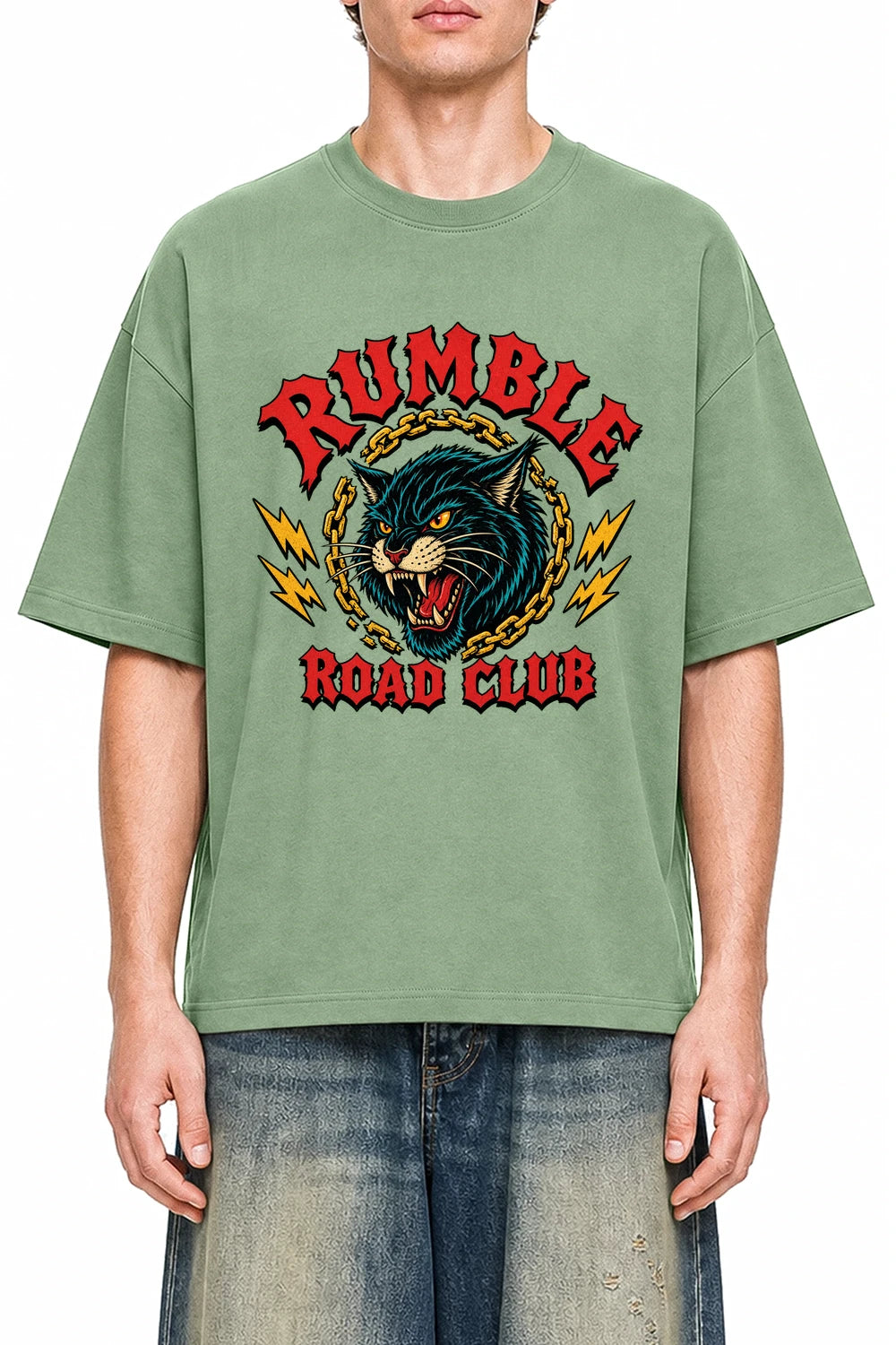 Rumble Road Club Light Green graphic T-shirt on model, front view