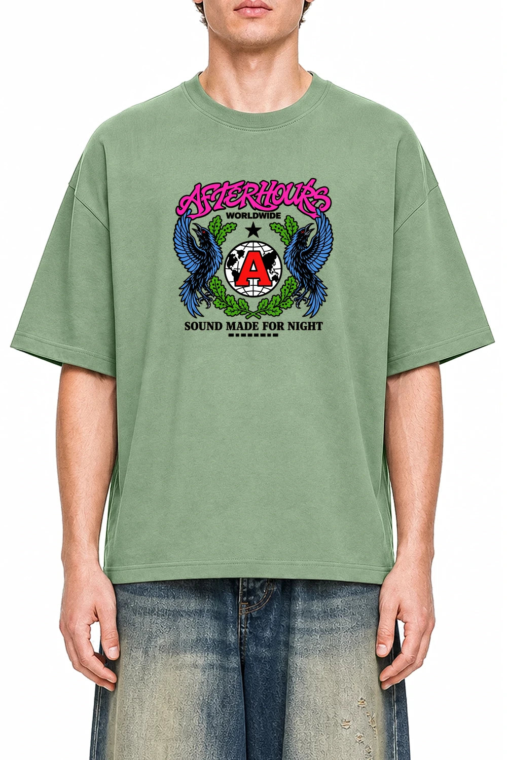 Afterhours Worldwide Light Green graphic T-shirt on model, front view