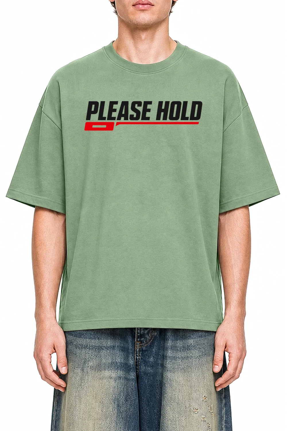 Please Hold Light Green graphic T-shirt on model, front view