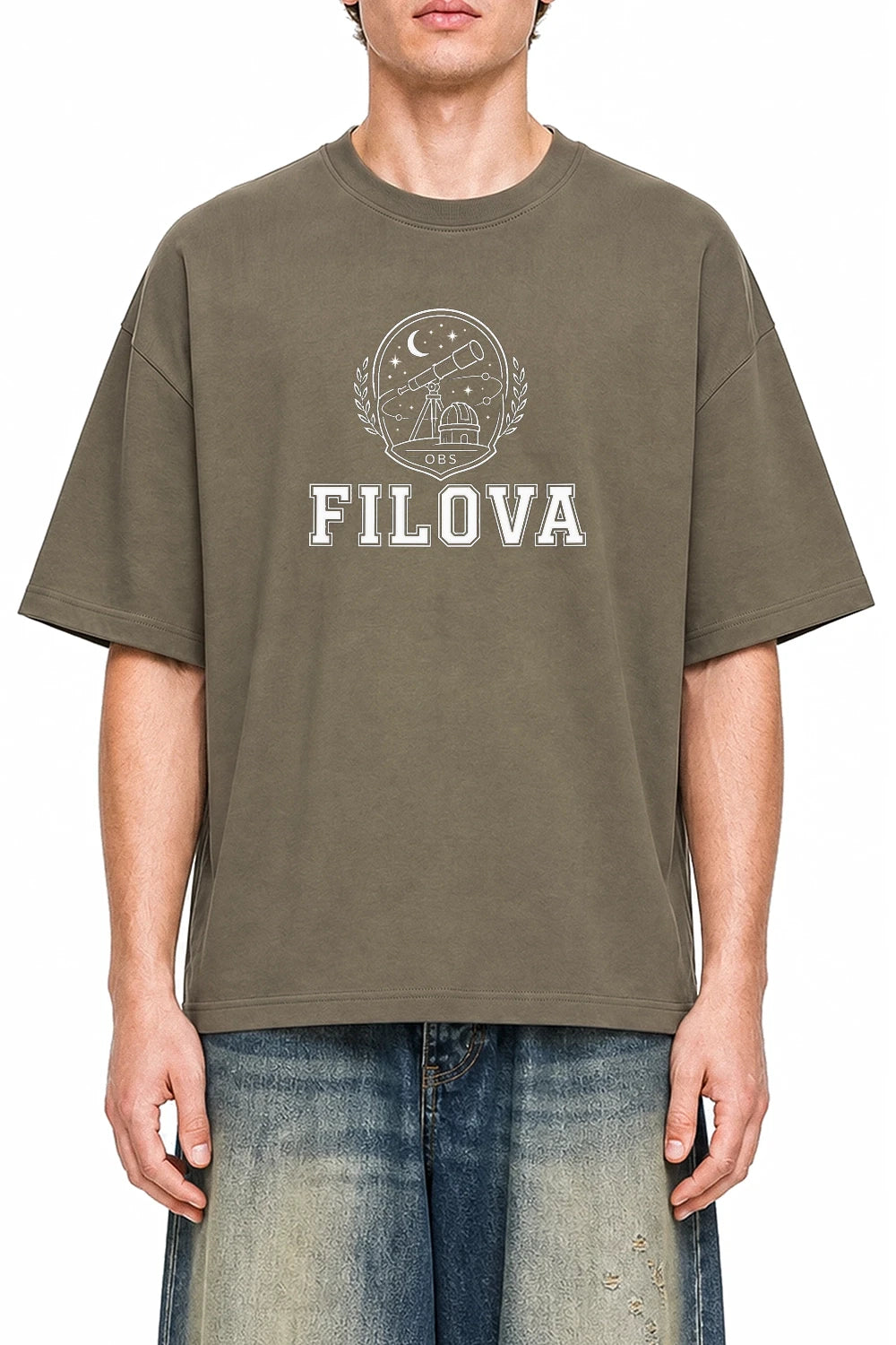 Filova Observatory Club Moss Green graphic T-shirt on model, front view