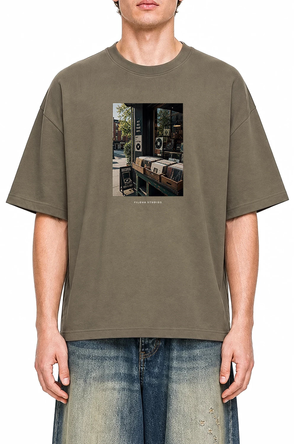 Filova Studios Record Shop Moss Green graphic T-shirt on model, front view