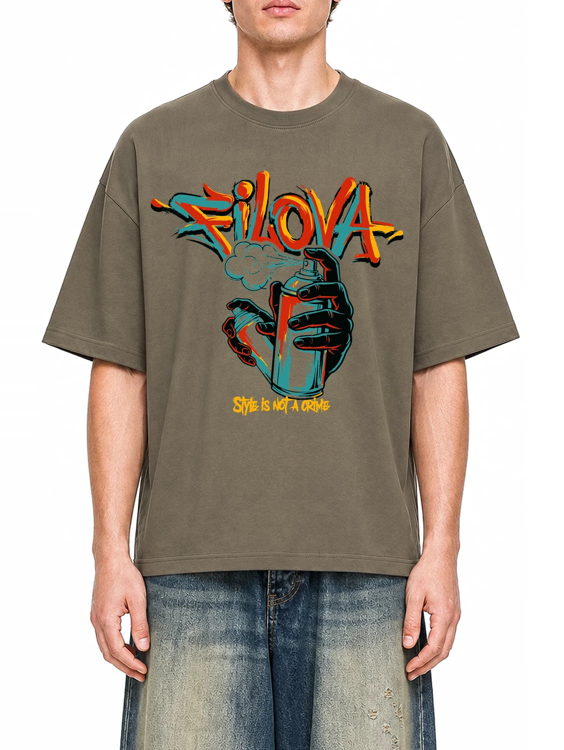 Style Is Not A Crime Moss Green graphic T-shirt on model, front view