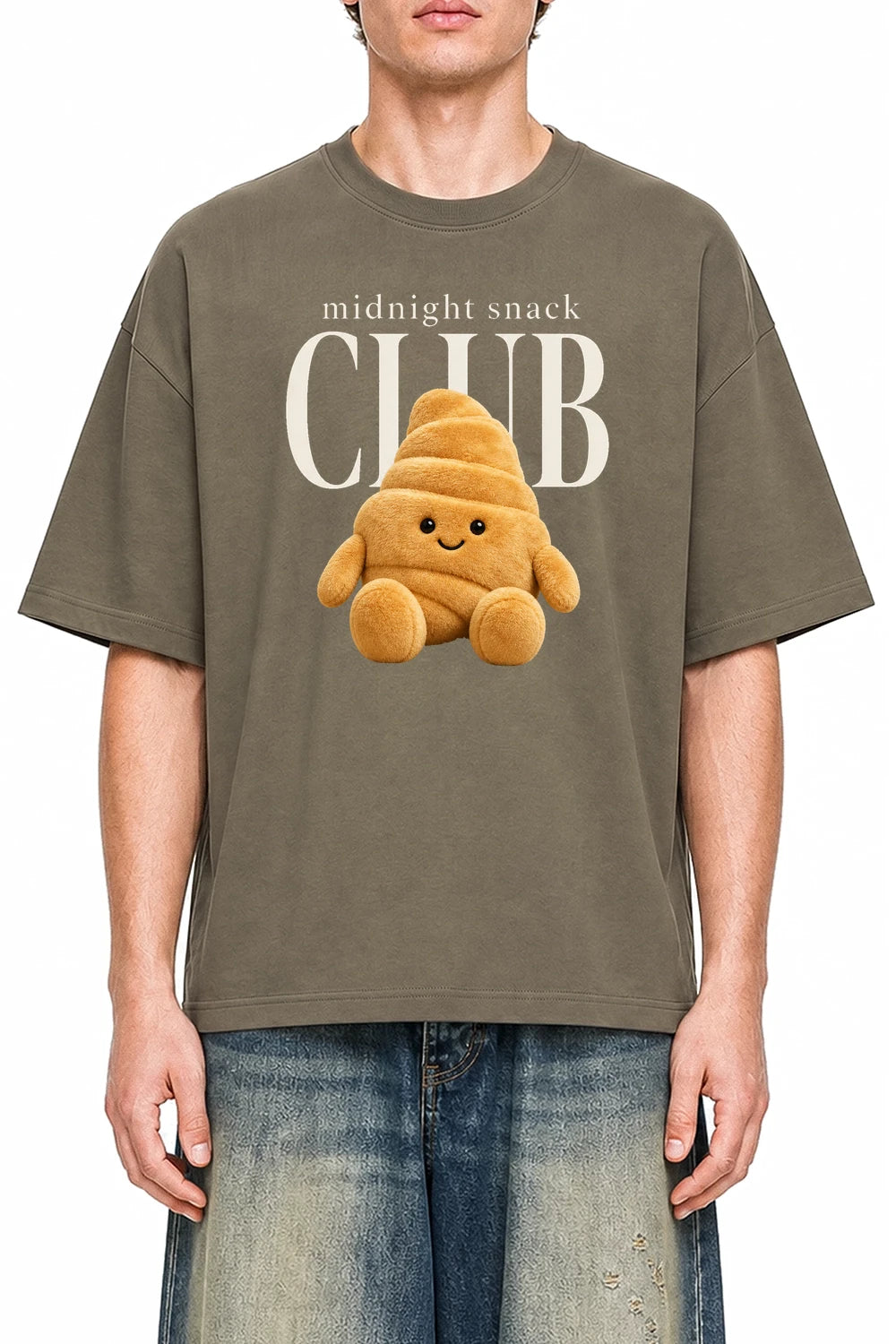 Midnight Snack Club Moss Green graphic T-shirt on model, front view