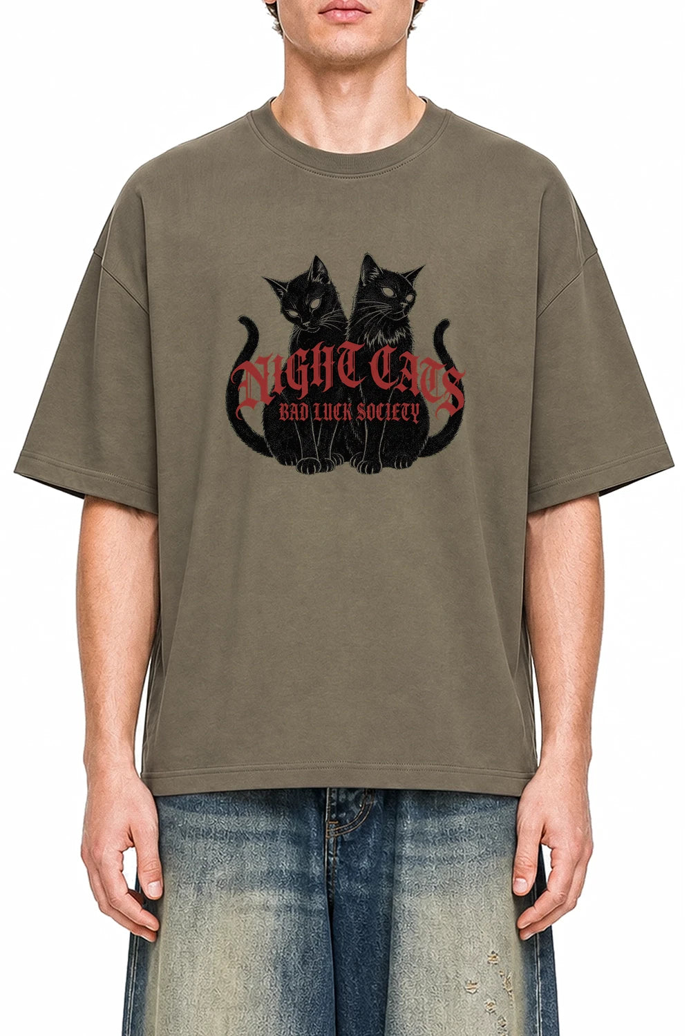 Night Cats Society Moss Green graphic T-shirt on model, front view