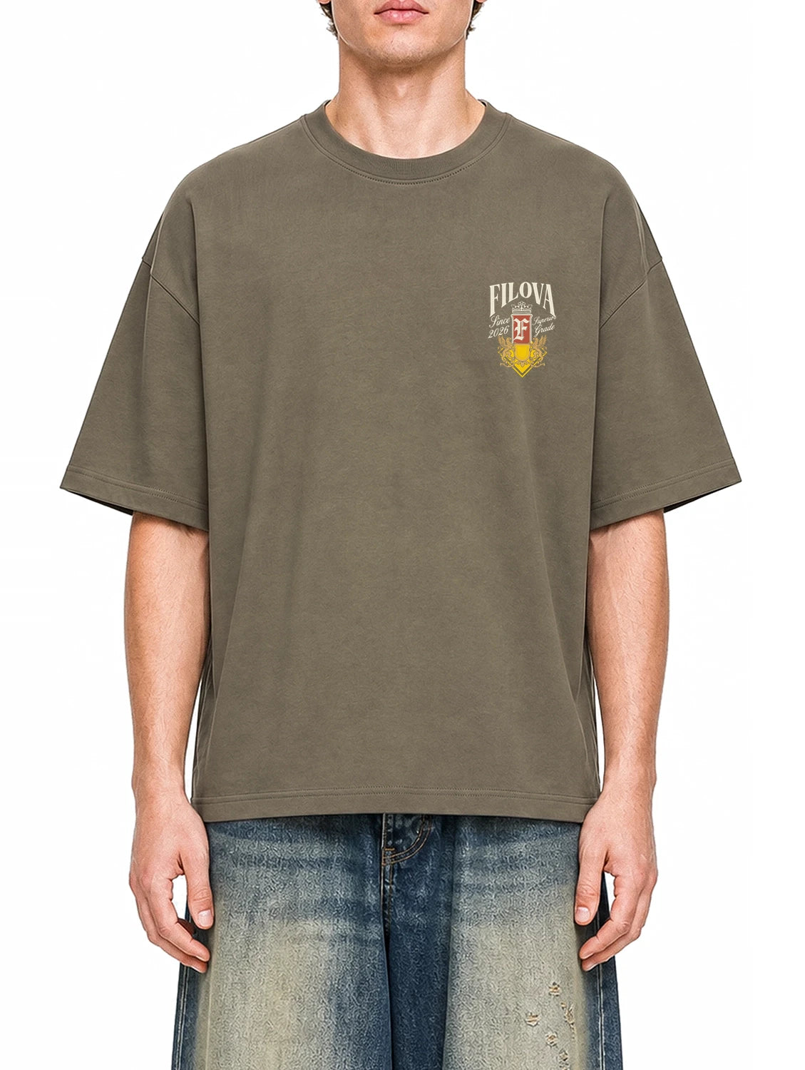 Filova Since 2026 Moss Green graphic T-shirt on model, front view