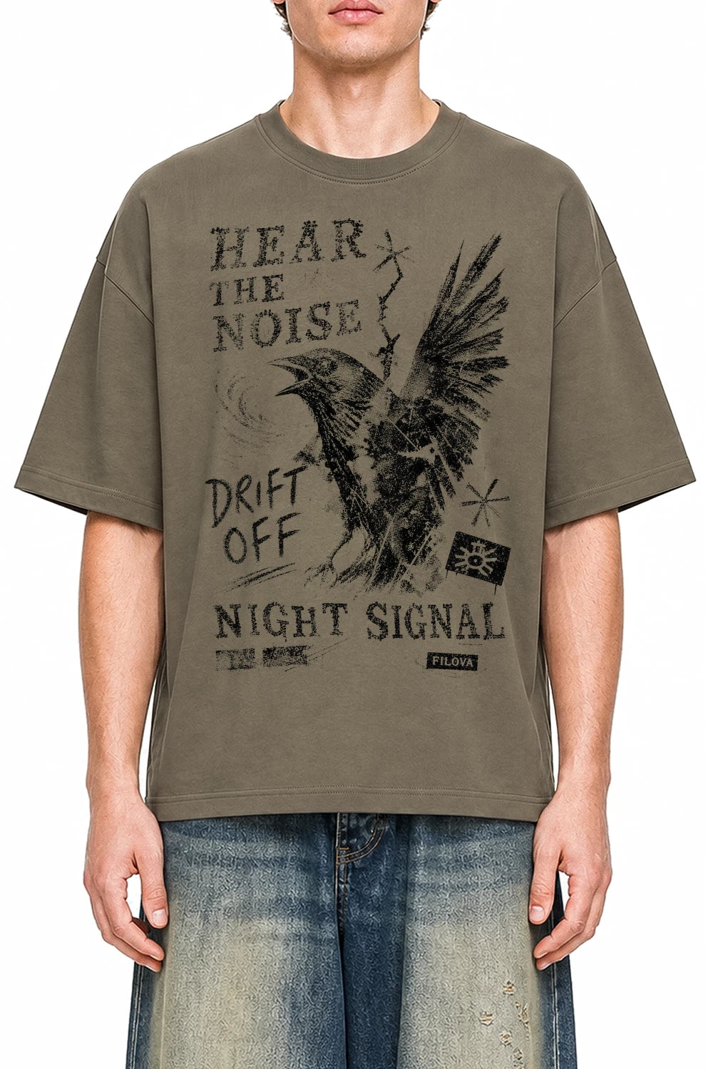 Hear The Noise Moss Green graphic T-shirt on model, front view