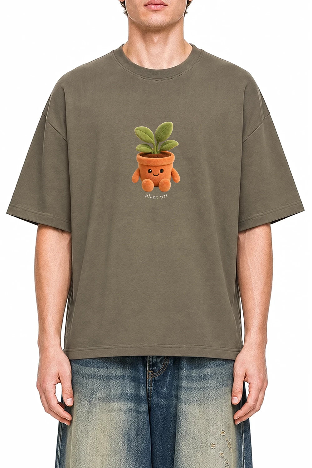 Plant Pal Moss Green graphic T-shirt on model, front view