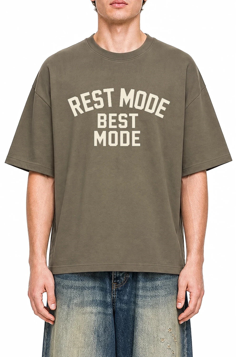 Rest Mode Best Mode Moss Green graphic T-shirt on model, front view