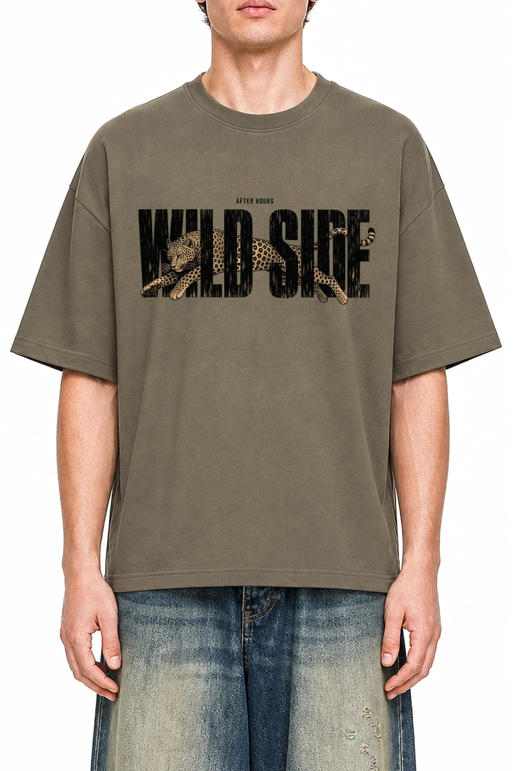 Wild Side Streetwear Moss Green graphic T-shirt on model, front view