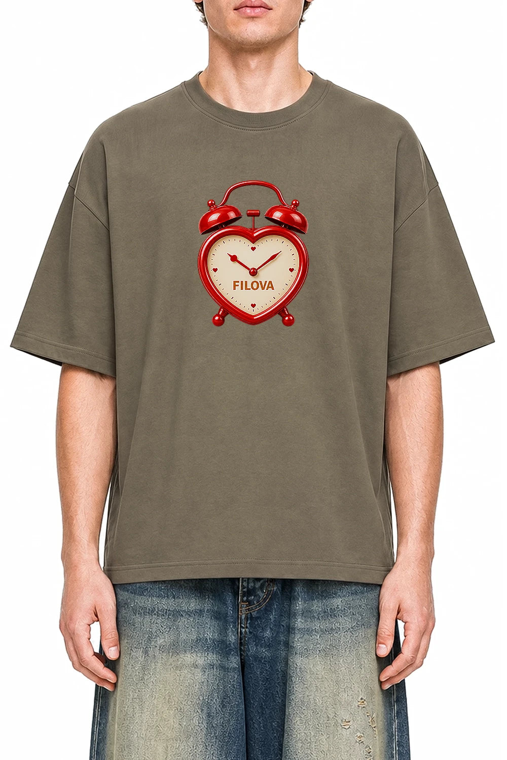 Heart Dial Clock Moss Green graphic T-shirt on model, front view