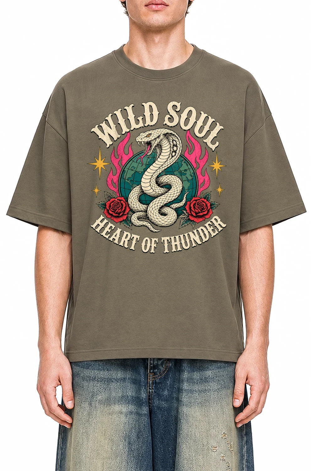 Wild Soul Thunder Moss Green graphic T-shirt on model, front view
