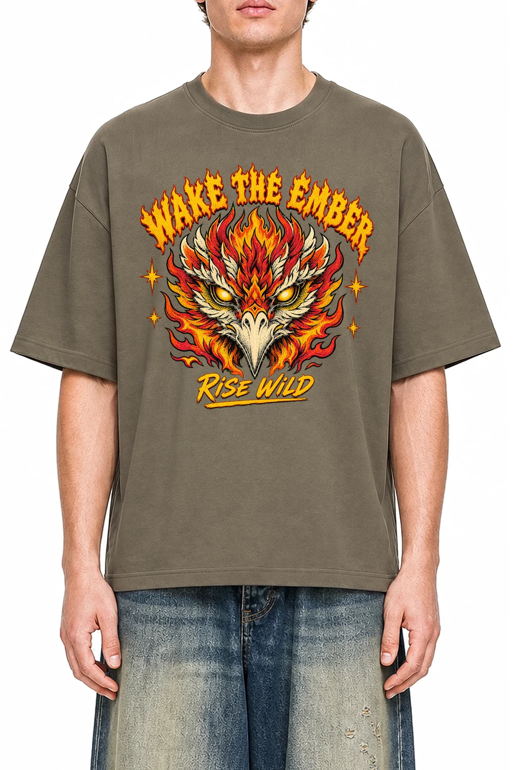 Wake The Ember Moss Green graphic T-shirt on model, front view
