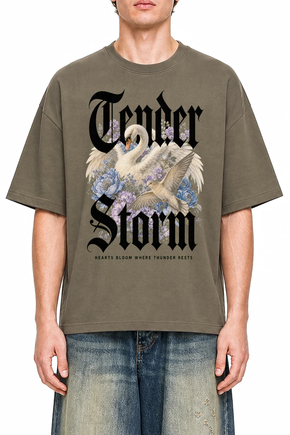 Tender Storm Moss Green graphic T-shirt on model, front view