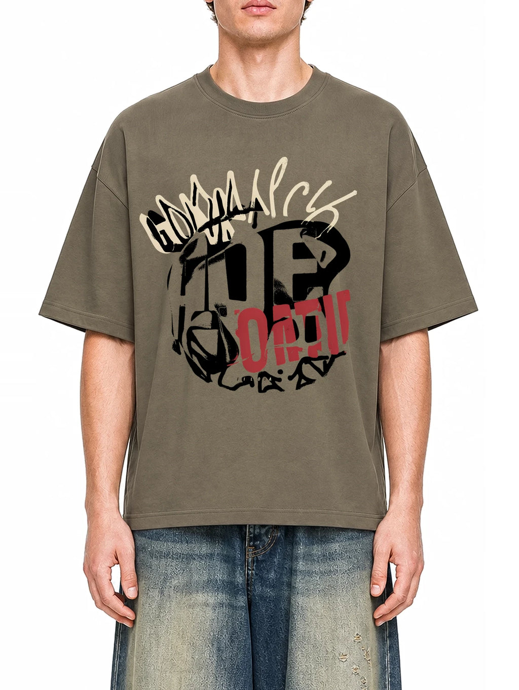 Art Of Filova Moss Green graphic T-shirt on model, front view