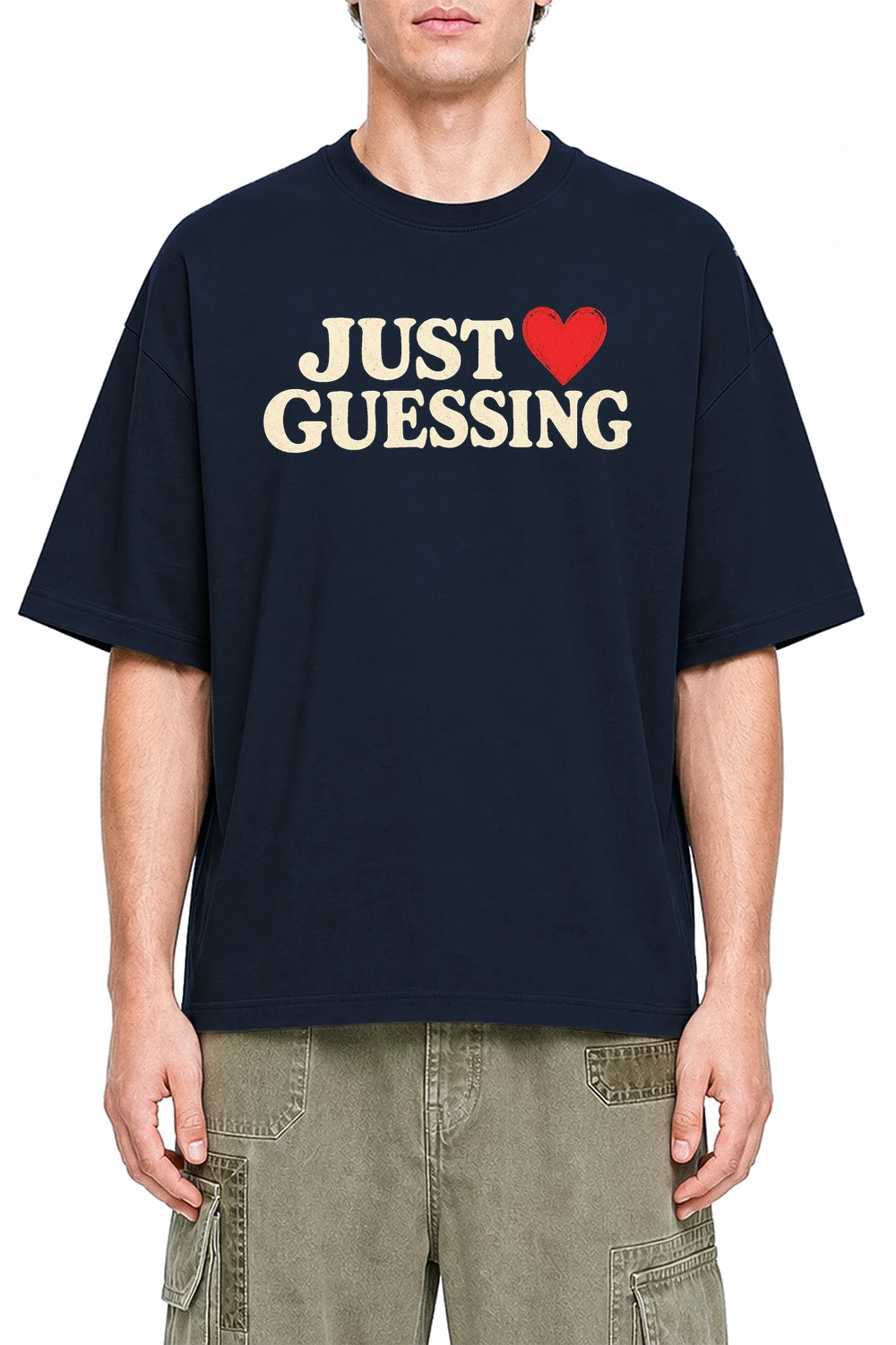 Just Guessing Navi Blue graphic T-shirt on model, front view