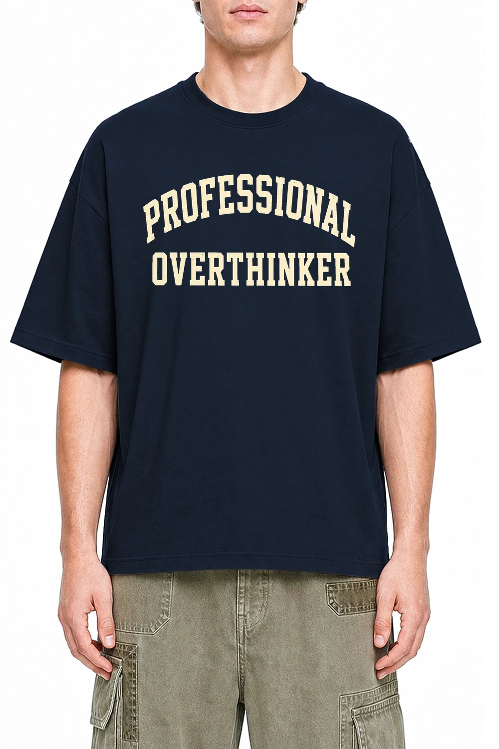 Professional Overthinker Navi Blue graphic T-shirt on model, front view