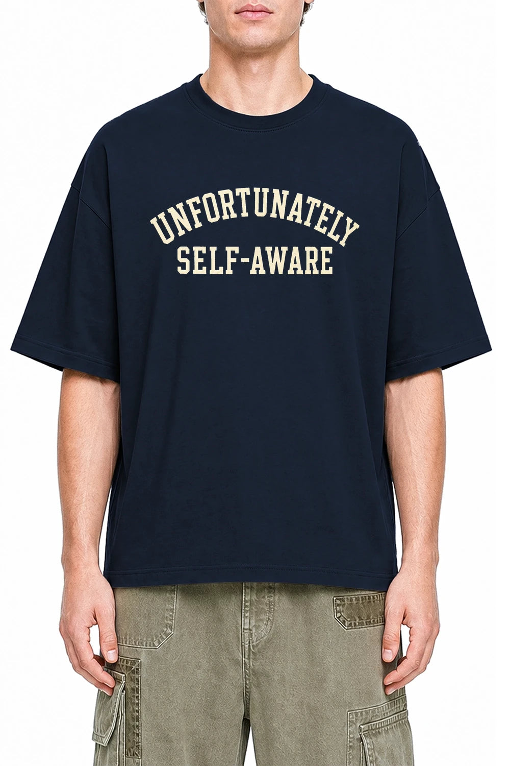 Unfortunately Self Aware Navi Blue graphic T-shirt on model, front view