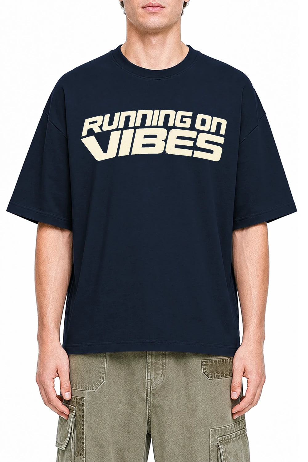 Running On Vibes Navi Blue graphic T-shirt on model, front view
