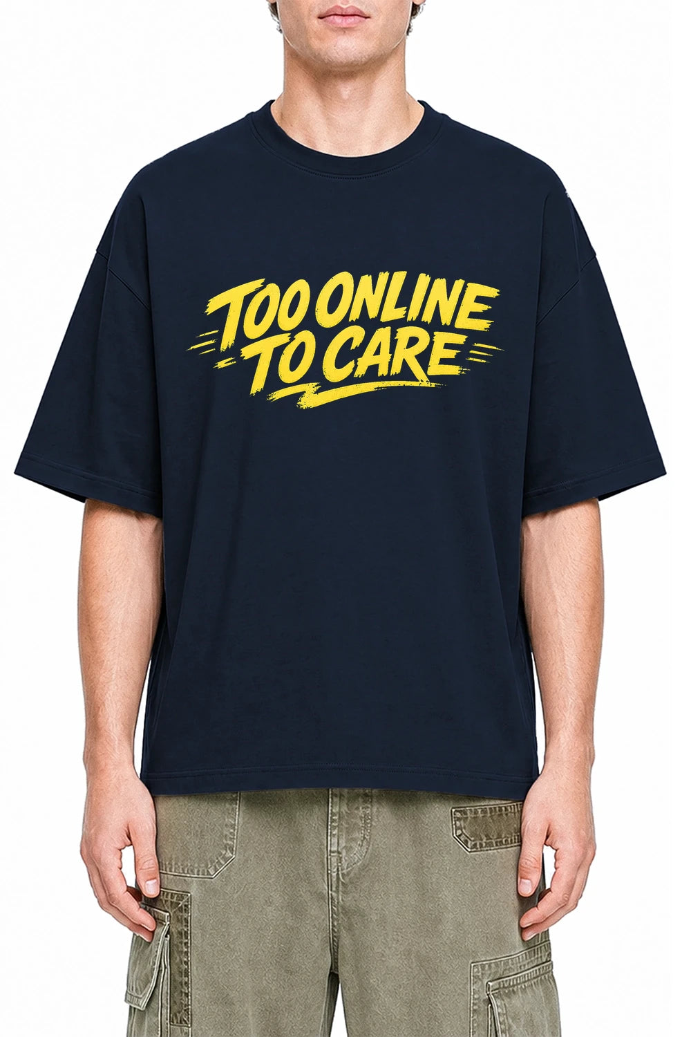 Too Online To Care Navi Blue graphic T-shirt on model, front view