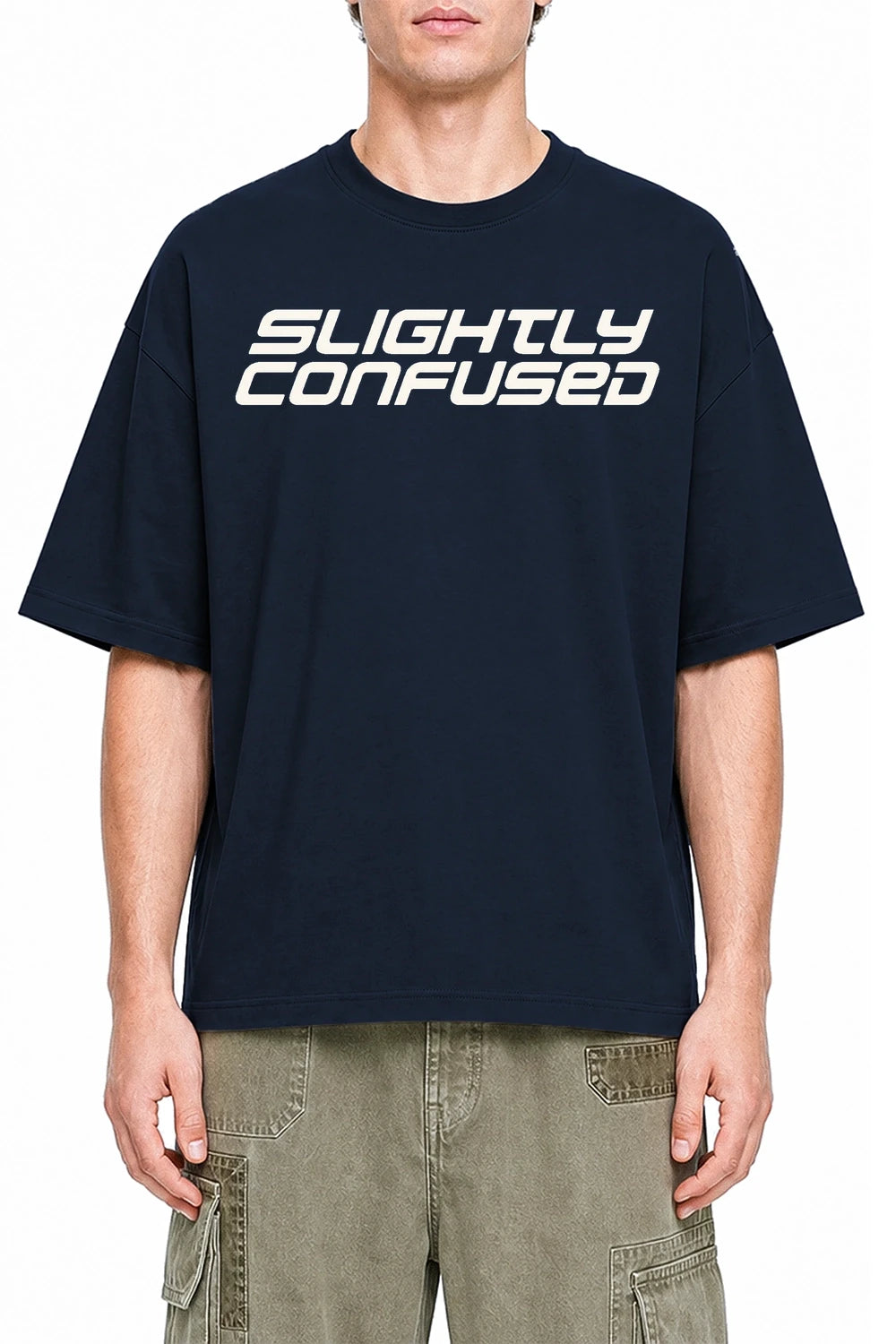 Slightly Confused Navi Blue graphic T-shirt on model, front view