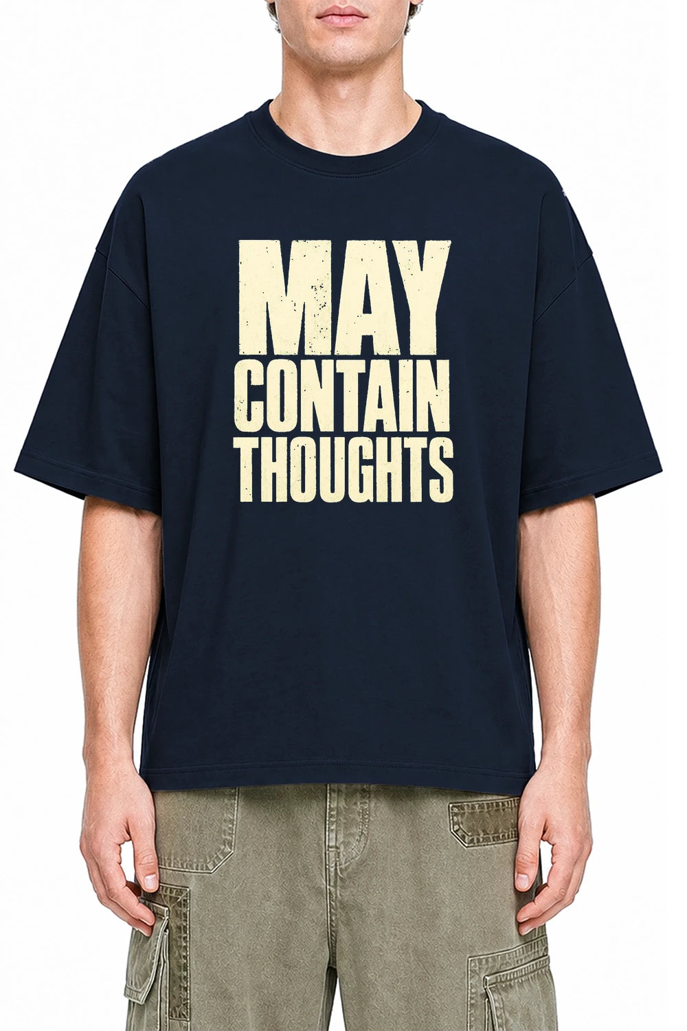 May Contain Thoughts Navy Blue graphic T-shirt on model, front view