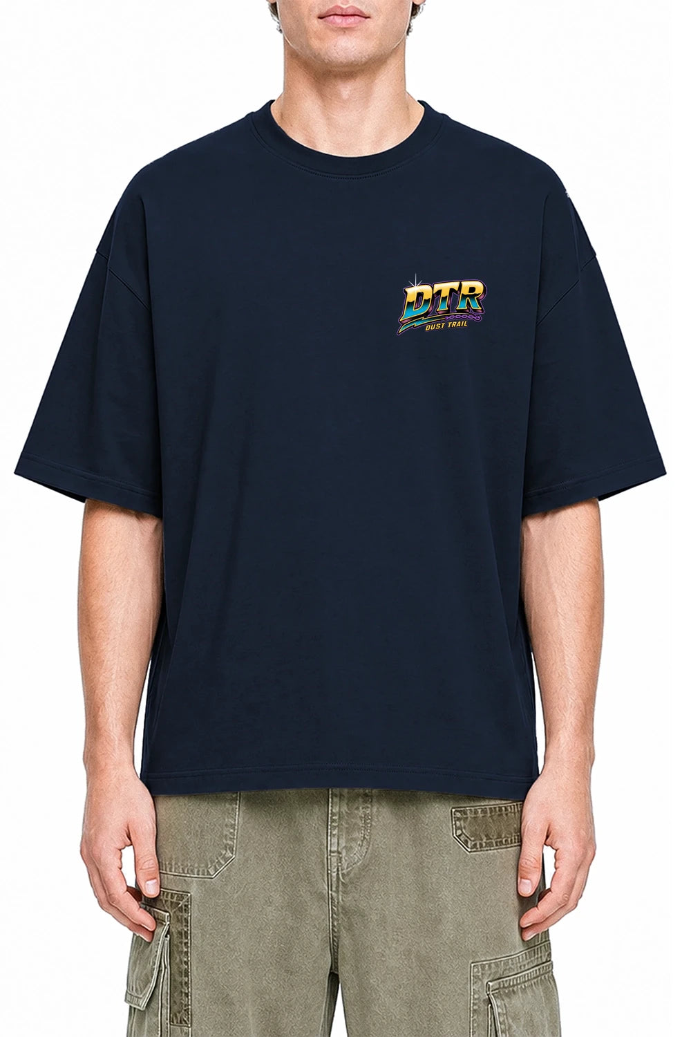 Dust Trail Riders Navy Blue graphic T-shirt on model, front view