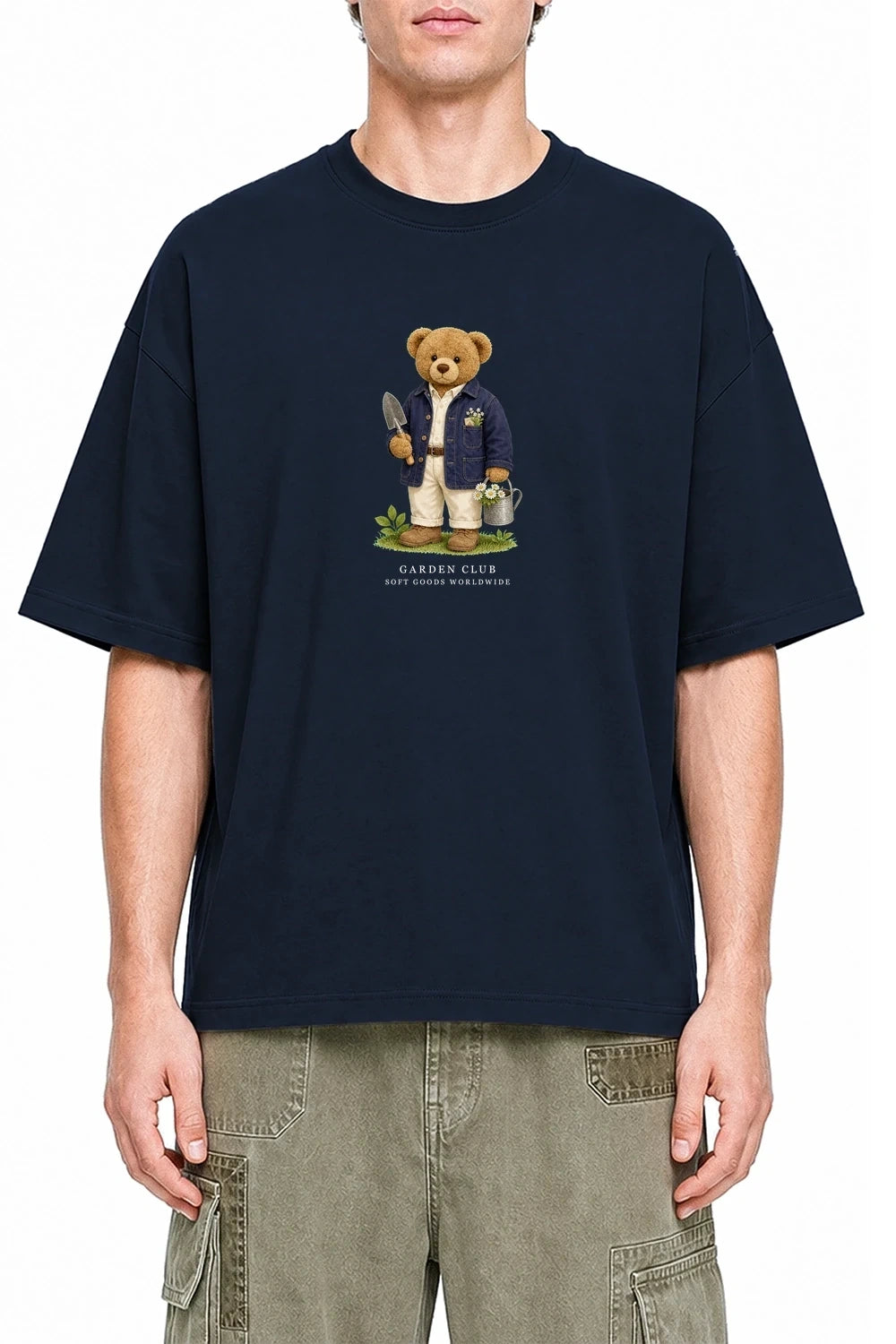 Garden Club Bear Navy Blue graphic T-shirt on model, front view