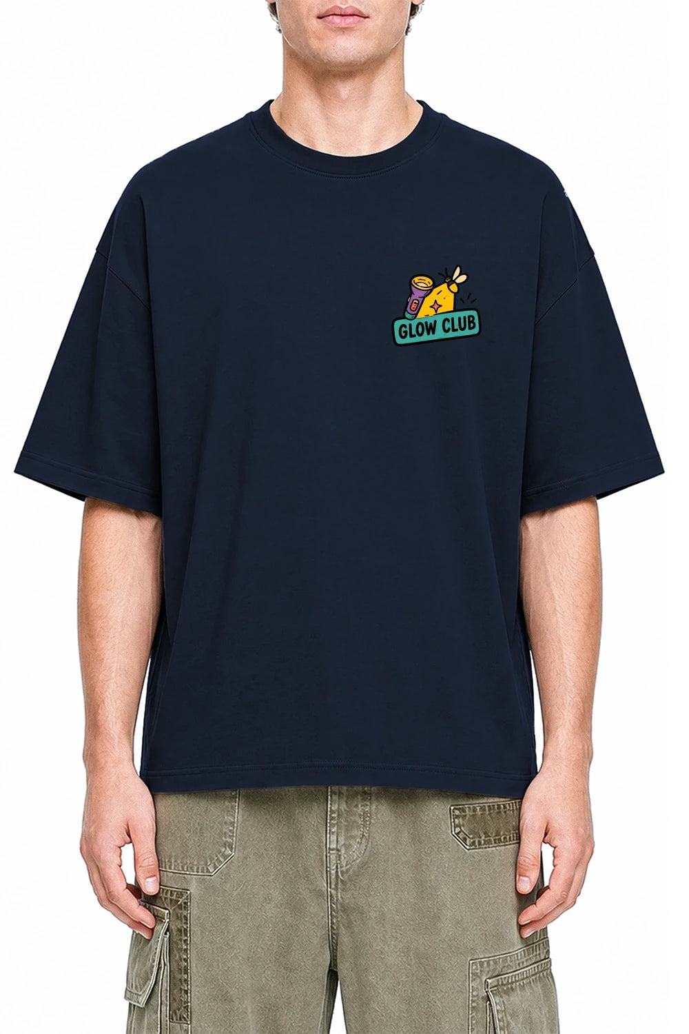 Night Glow Club Navy Blue graphic T-shirt on model, front view