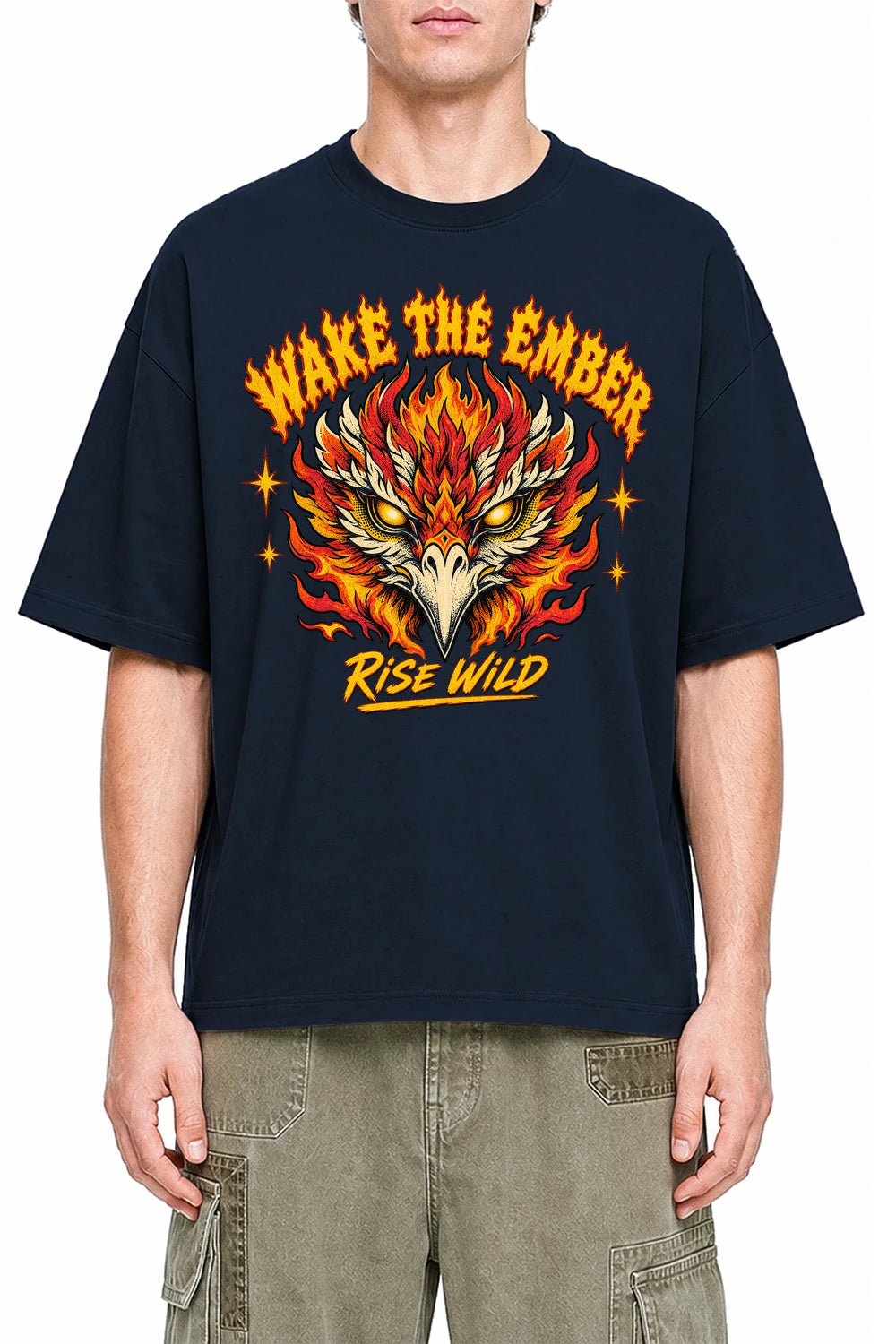 Wake The Ember Navy Blue graphic T-shirt on model, front view