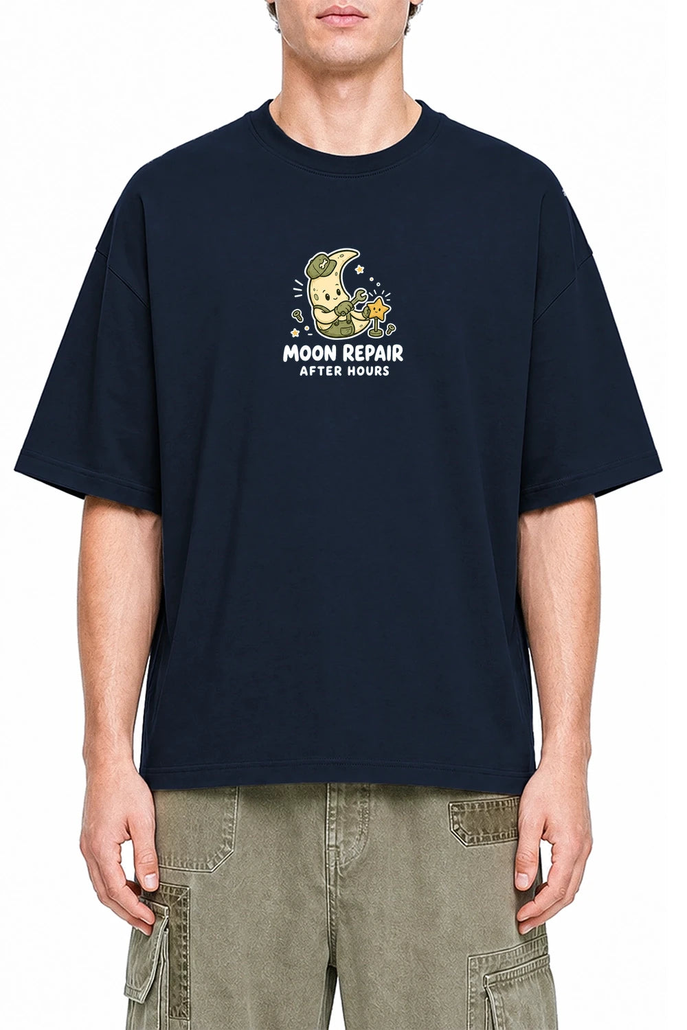 Moon Repair Navy Blue graphic T-shirt on model, front view