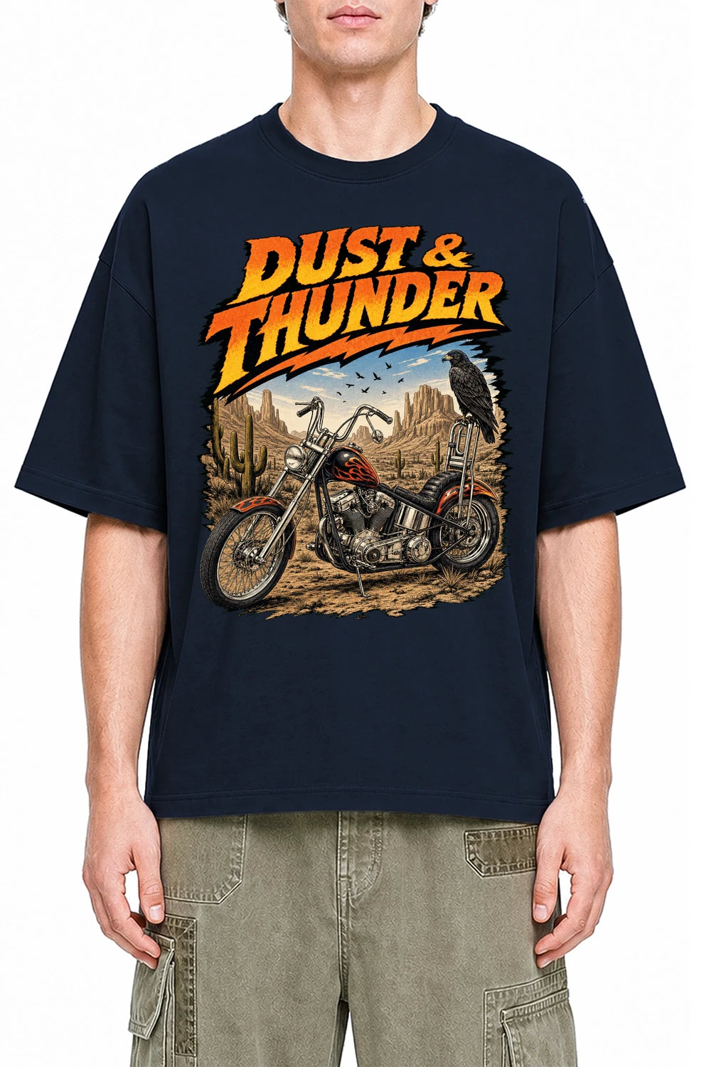 Dust And Thunder Navy Blue graphic T-shirt on model, front view