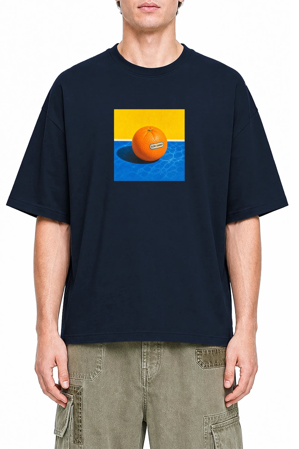 Poolside Orange Navy Blue graphic T-shirt on model, front view