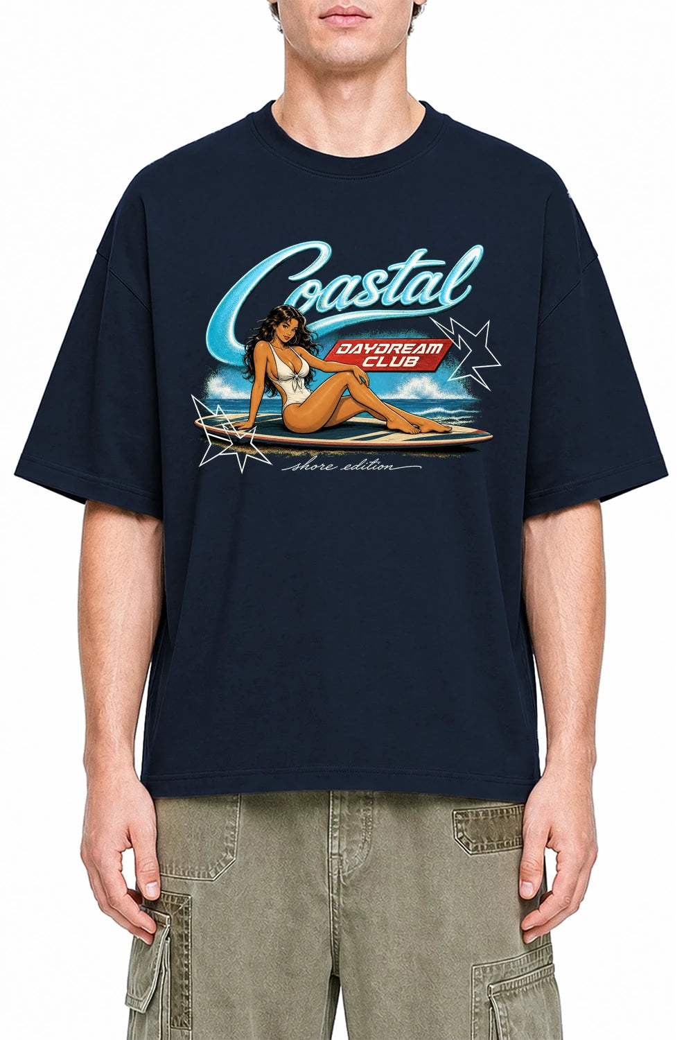 Coastal Daydream Navy Blue graphic T-shirt on model, front view