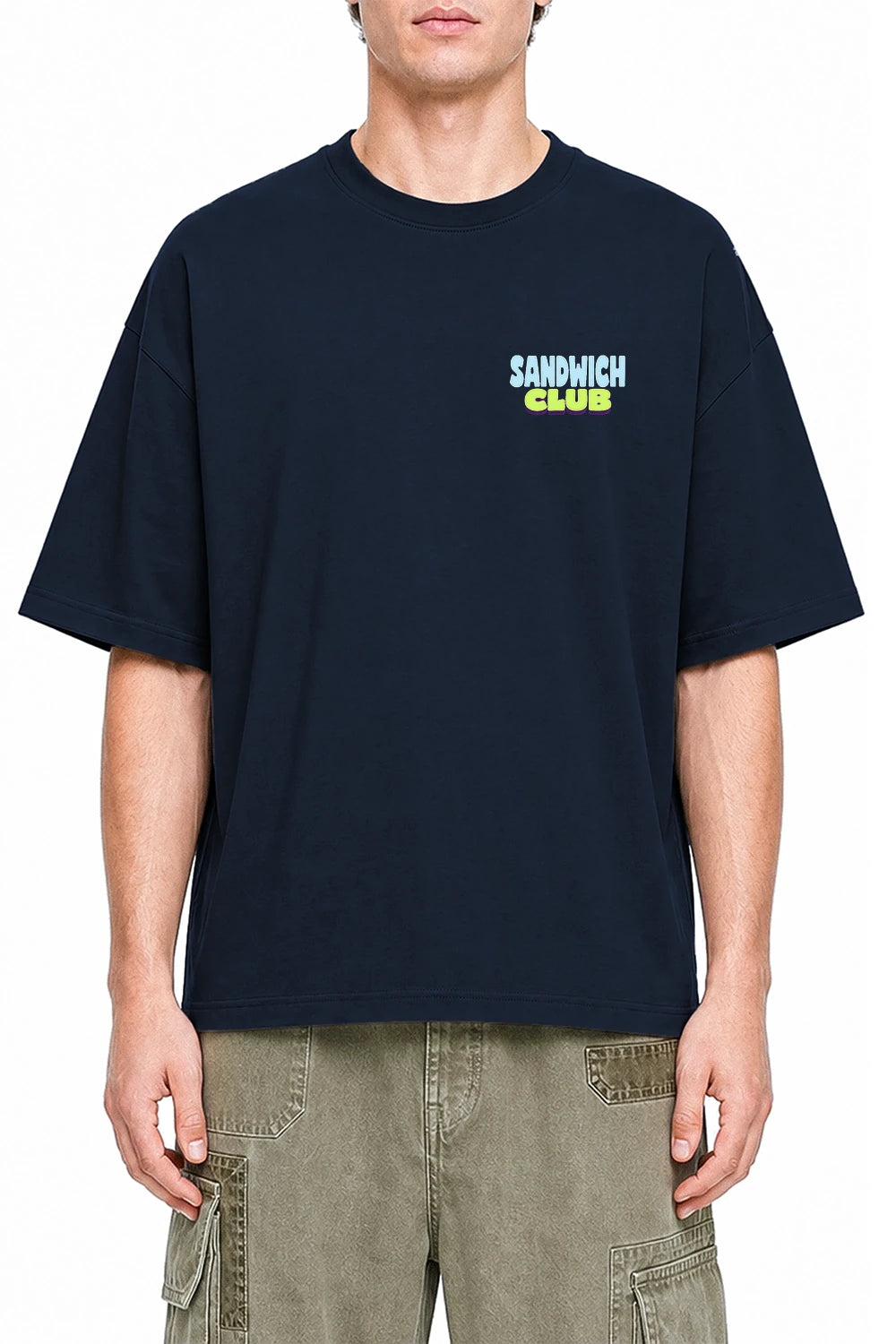 After Hours Sandwich Club Navy Blue graphic T-shirt on model, front view