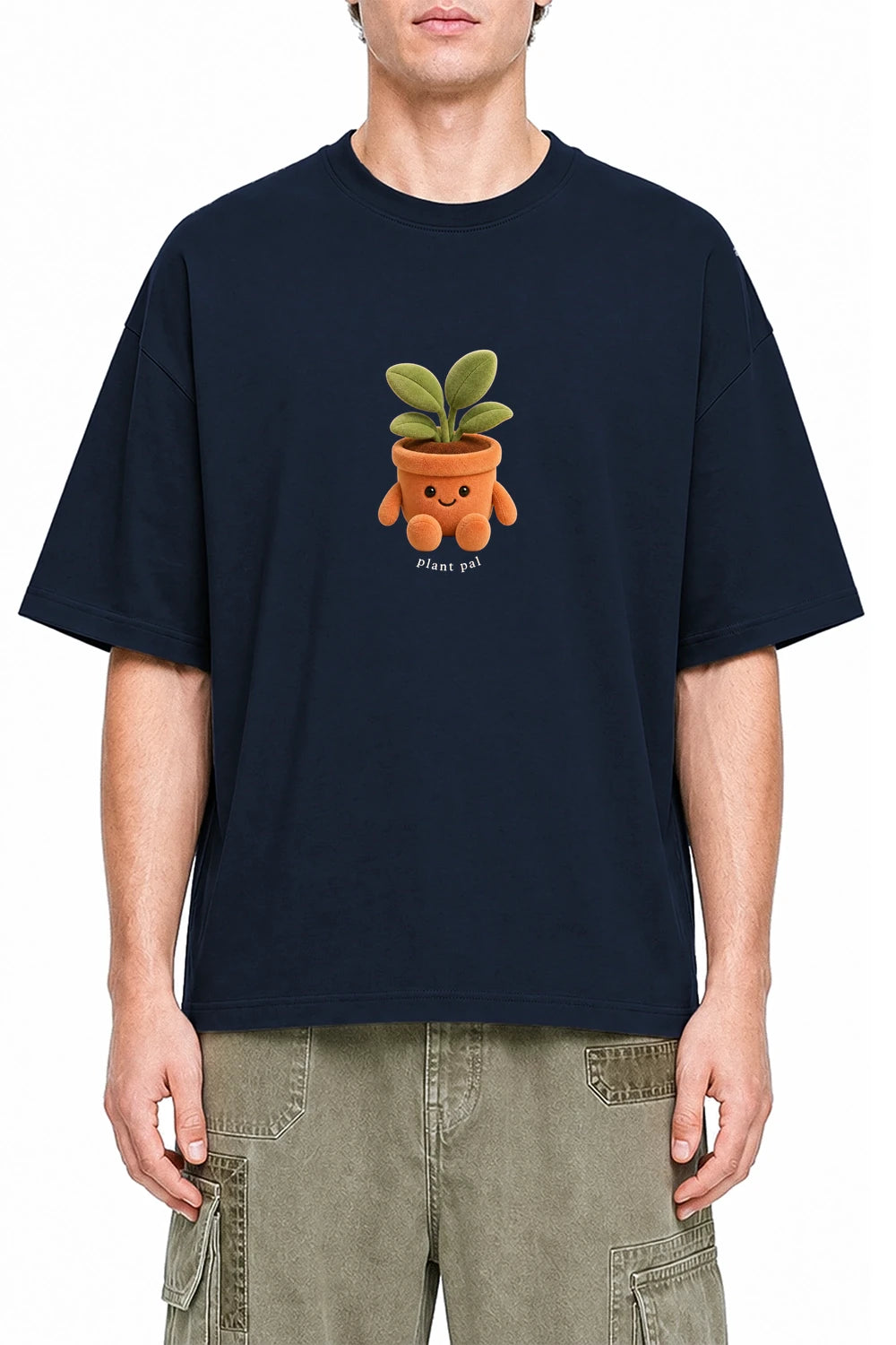 Plant Pal Navy Blue graphic T-shirt on model, front view