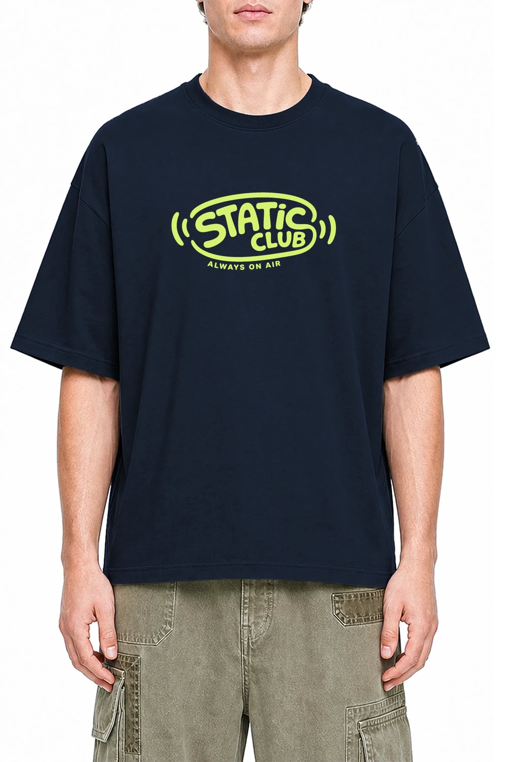Static Club Navy Blue graphic T-shirt on model, front view