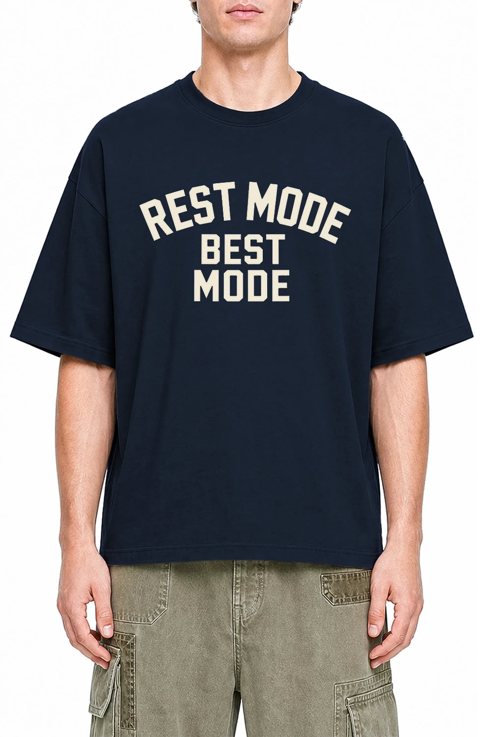 Rest Mode Best Mode Navy Blue graphic T-shirt on model, front view