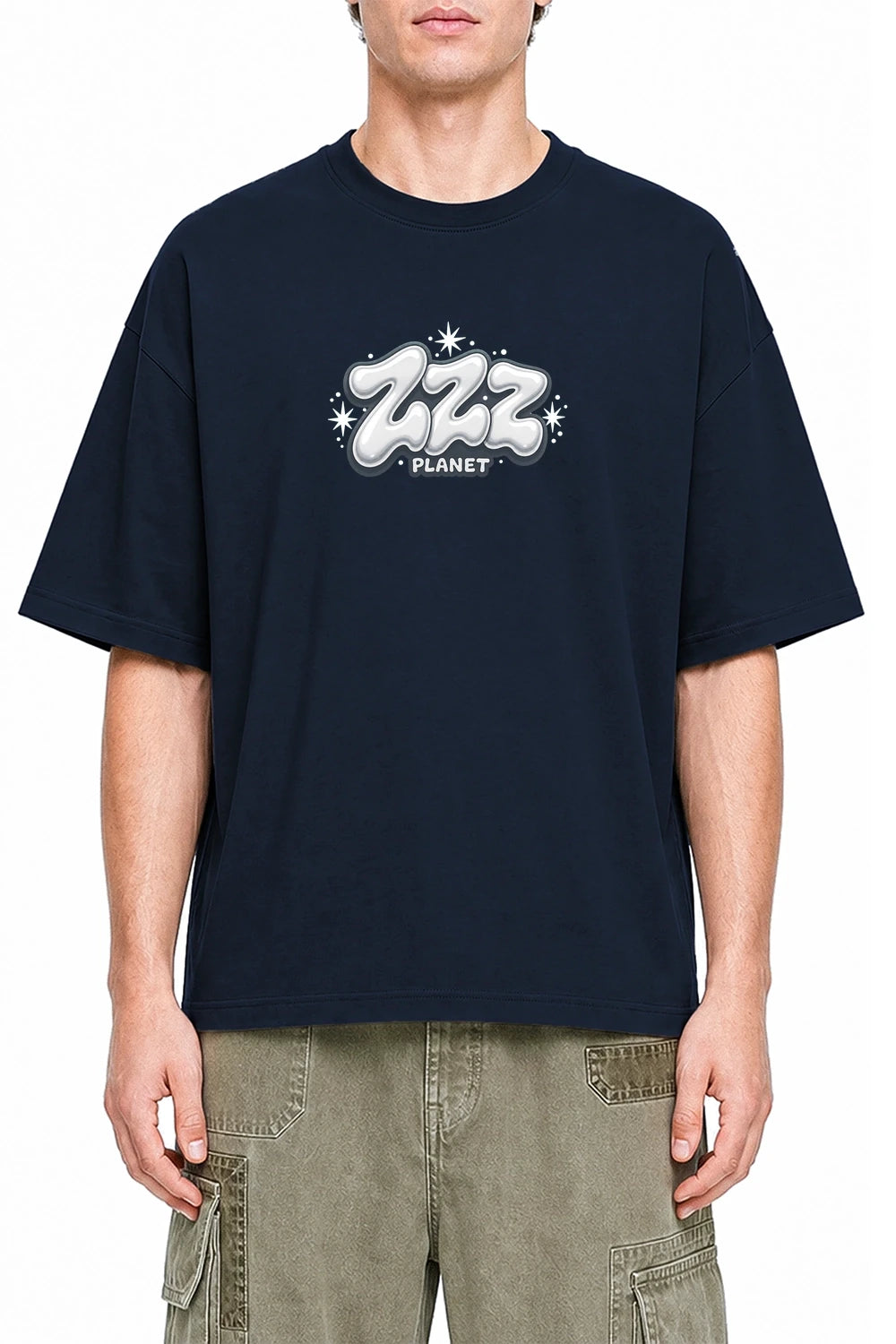ZZZ Planet Navy Blue graphic T-shirt on model, front view