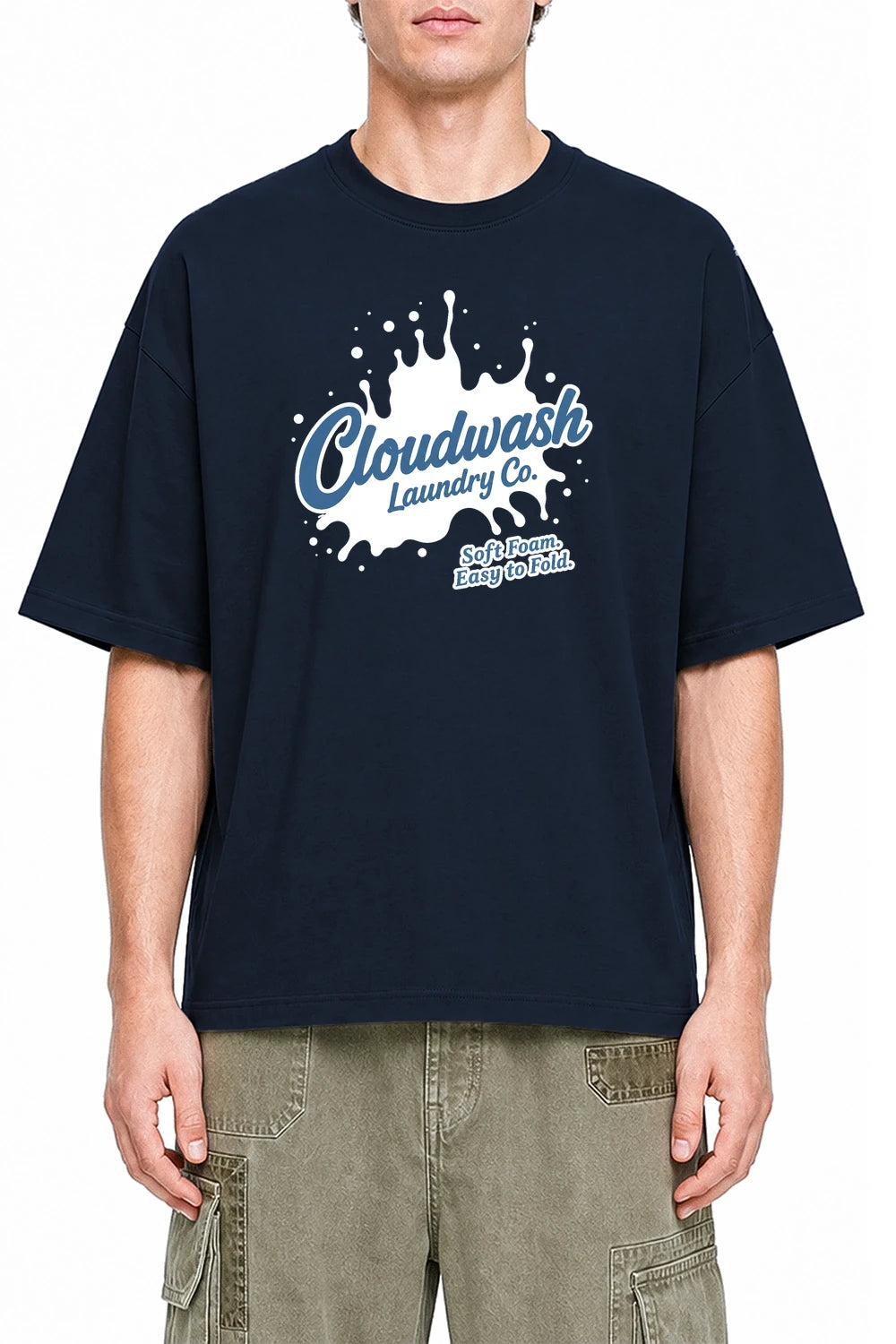 Cloudwash Laundry Co Navy Blue graphic T-shirt on model, front view
