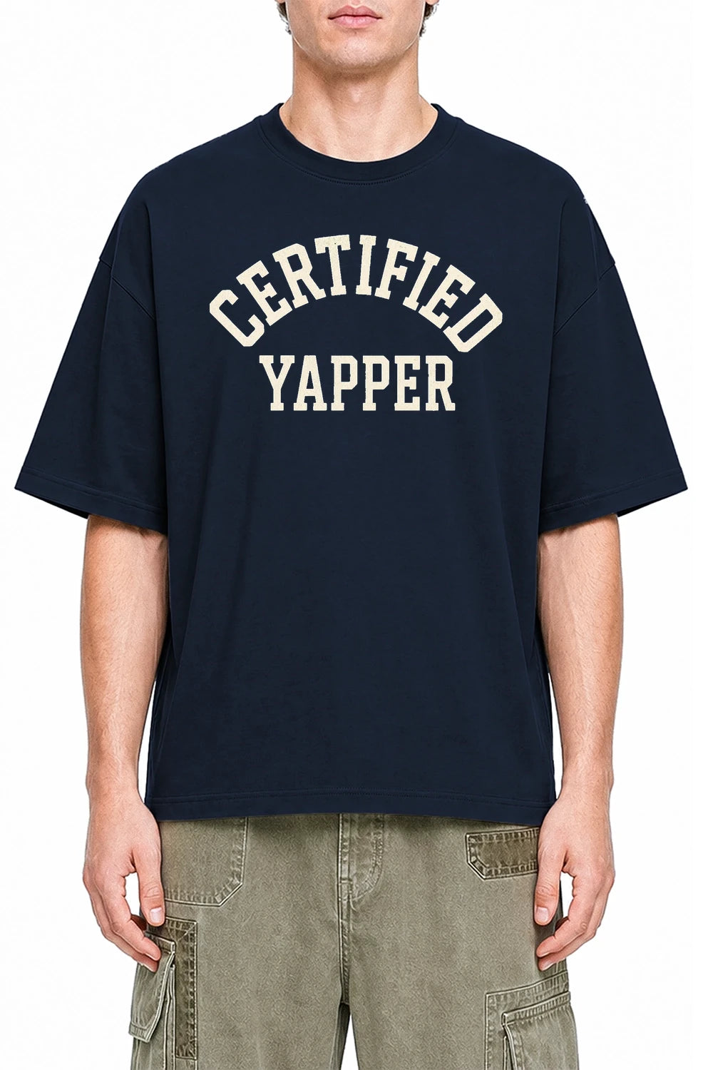 Certified Yapper Navy Blue graphic T-shirt on model, front view